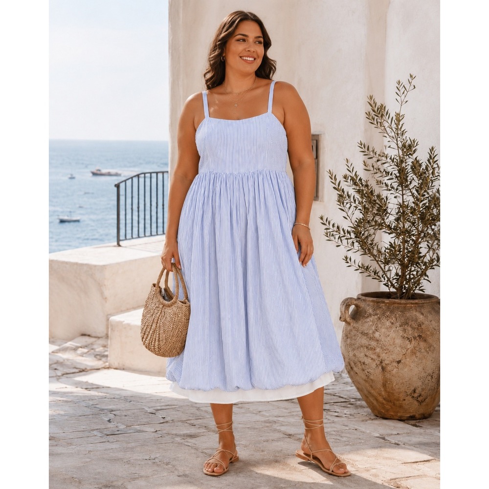Cider Blue White Striped Bubble Hem Midi Dress Plus Size 4XL Smocked Back Cotton
